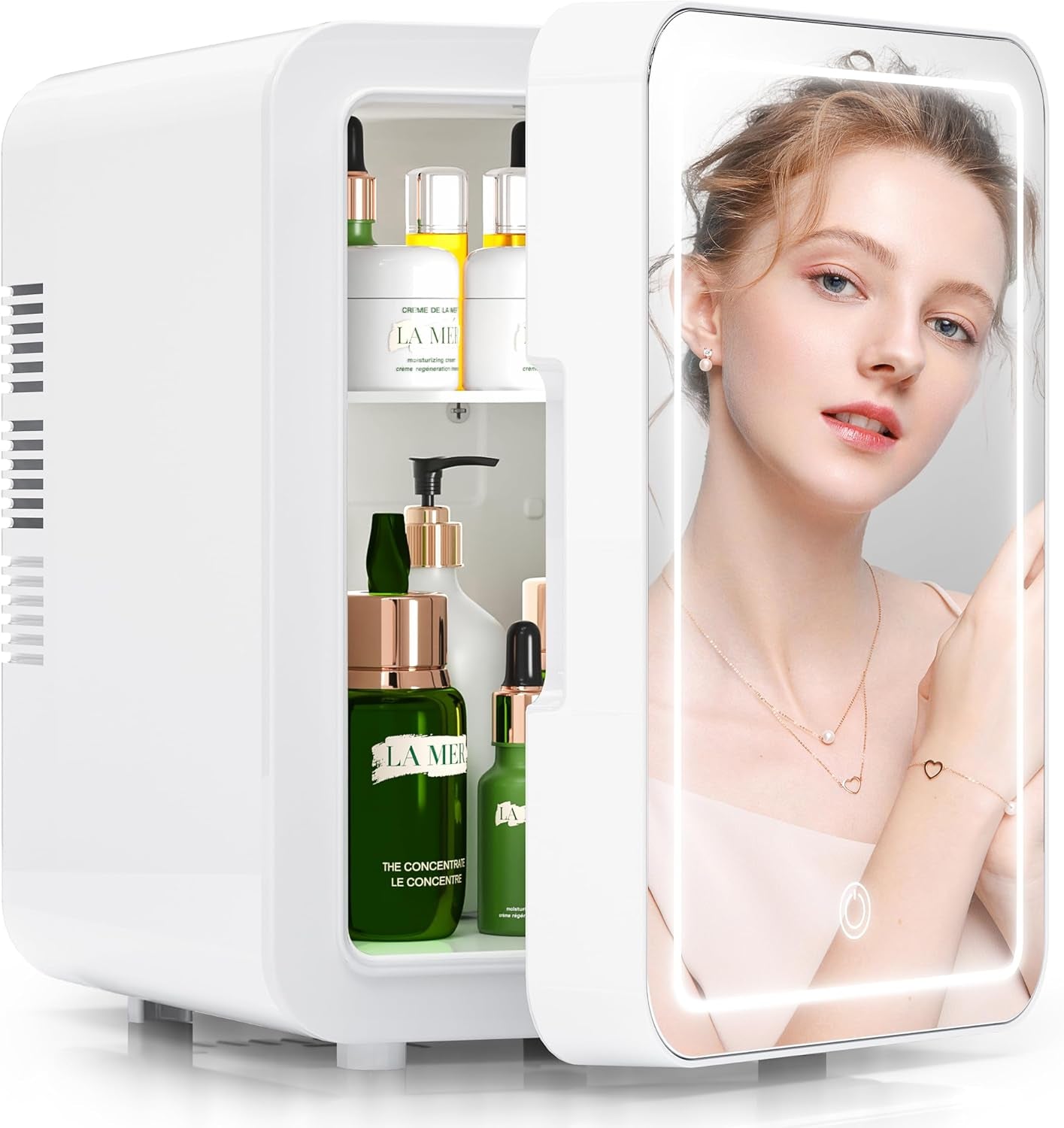 Mini Skincare Fridge (4 Liter/6 Can) with Dimmable LED Light Mirror, Cooler and Warmer for Refrigerating Make Up, Skin Care and Food, Portable Mini Fridge for Bedroom, Office and Car, White
