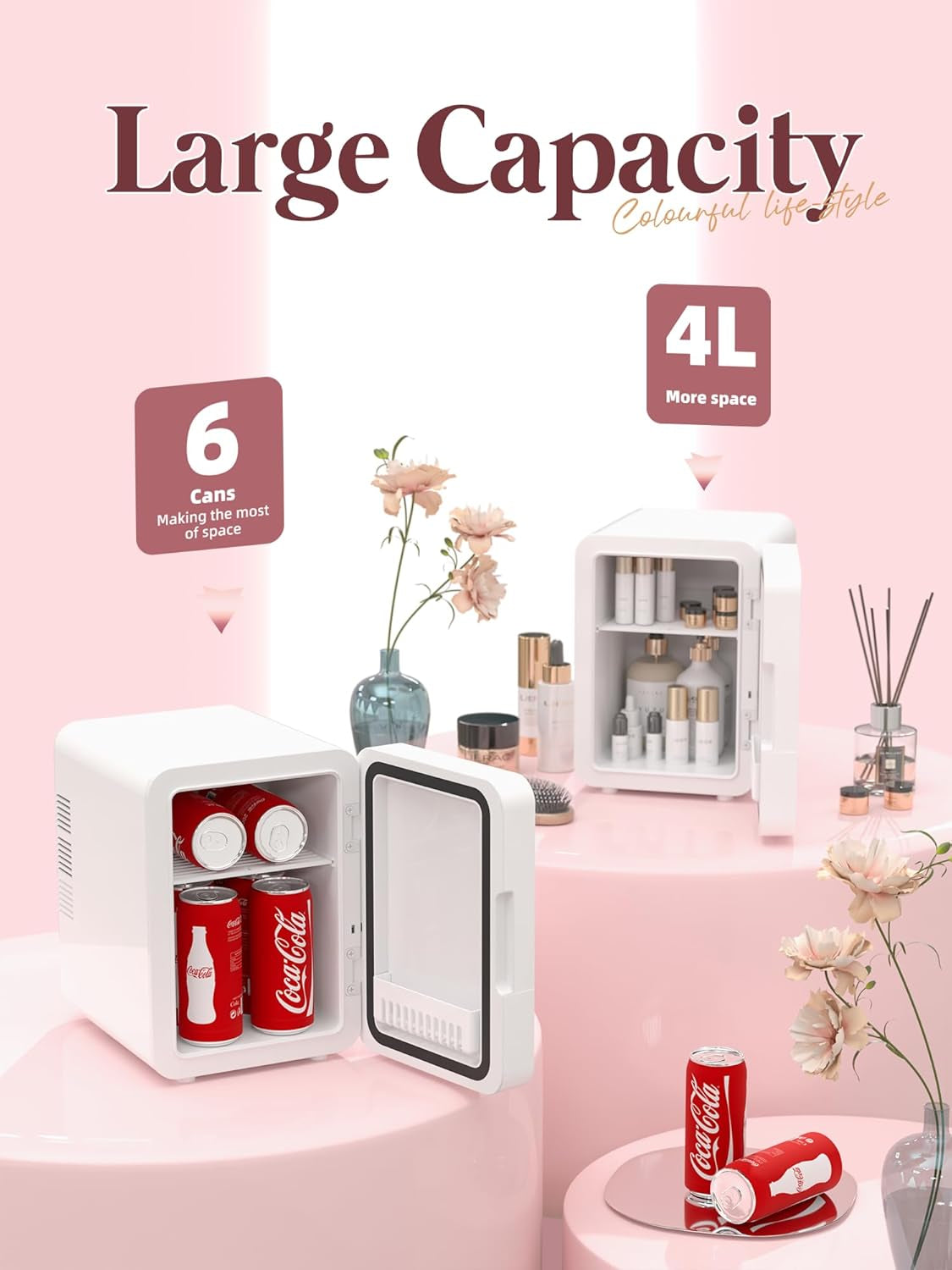 Mini Skincare Fridge (4 Liter/6 Can) with Dimmable LED Light Mirror, Cooler and Warmer for Refrigerating Make Up, Skin Care and Food, Portable Mini Fridge for Bedroom, Office and Car, White